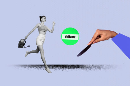 Full 3d zine pop trend image collage of happy girl guy stand delivery service shipment box hand distribution fast courierの写真素材