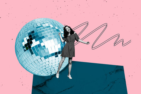Full art image trendy poster collage of happy girl stand disco ball celebration holiday vintage chill disco occasion relaxの写真素材