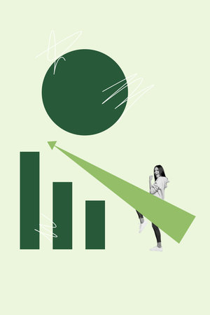 Banner poster collage of person stand win near arrows up charts on green backgroundの写真素材