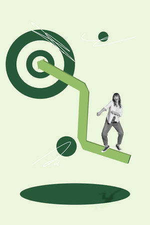 Pop trend collage of person stand arrows dance going target on green backgroundの写真素材