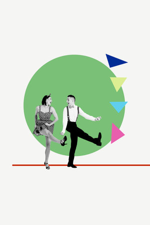 Vertical 3d photo collage of happy girl guy couple dance weekend party celebration event discotheque chill occasion relaxの写真素材