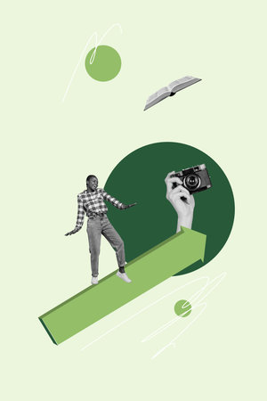 Creative pop collage of person stand arrows up hand camera on green backgroundの写真素材