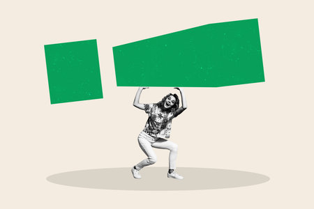 3d pop zine sketch artwork collage of happy businesswoman carry exclamation mark aim achievement progress determination conceptの写真素材