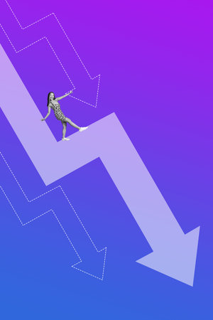 Artwork trend sketch template collage of inexperienced businesswoman stand arrow decline statistics inflation economy failの写真素材