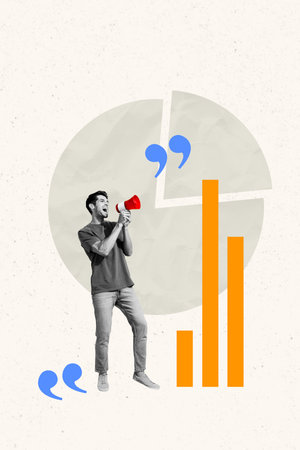 Trend banner artwork 3d photo collage of happy businessman hold megaphone announce chart diagram development success chanceの写真素材