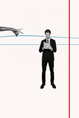 Vertical 3d art pop image collage of happy businesswoman businessman stand rope chain development aim achievement progressの写真素材