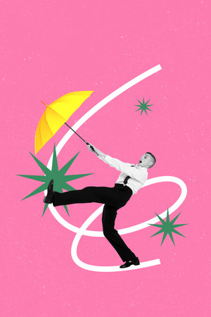 Banner 3d vertical pop collage of astonished dandy man hold umbrella weather cyclone rainfall september meteorology outsideの写真素材