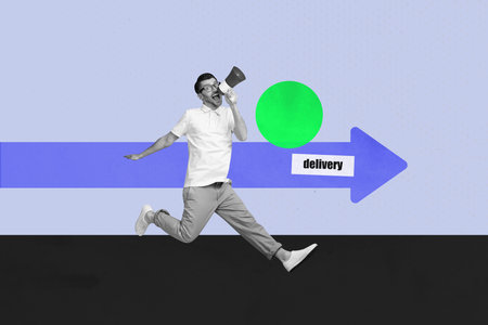 Composite poster image art collage of happy girl guy carry delivery box arrow direction shipment...