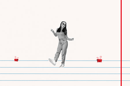 Zine full image artwork collage of happy businesswoman stand open page copybook clip development...