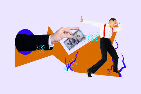 Poster 3d zine full art collage of happy girl guy stand packages hand hold dollar banknotes payment black friday offer income financeの写真素材