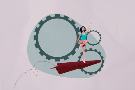 3d pop image zine art collage of happy businesswoman businessman run gearwheel paper plane target...