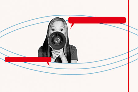 Composite zine poster trend collage of happy girl show bubble communication icon chatterbox conversation monologueの写真素材