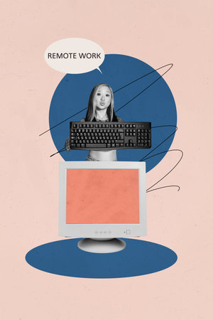 Vertical pop sketch 3d collage of happy freelancer businesswoman peek pc monitor keypad desktop remote worker it-specialistの写真素材