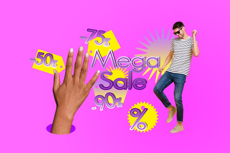 Sketch image artwork 3D photo collage of hand hold sale young man dance order shopping shopaholic...