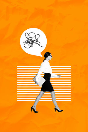 Poster image vertical photo collage of happy businesswoman walk bubble scribble overwhelmed plan contemplation carry laptopの写真素材