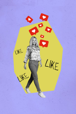 Collage of happy influencer like icon with heart symbolizing internet popularity social media trendsの写真素材