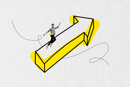 Trend vertical artwork 3d photo collage of happy businessman jump arrow development statistics progress career promotionの写真素材