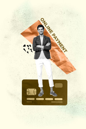 Banner 3d image pop vertical collage of happy businessman businesswoman stand credit card deposit ebank capital transactionの写真素材