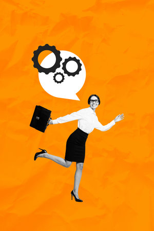 Trendy art image poster 3d banner collage of happy businesswoman run gearwheel statistics progress achievement chance growthの写真素材