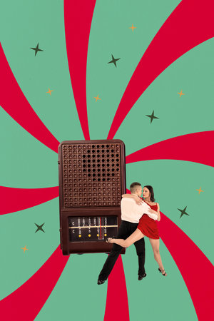 3D photo collage template trend artwork composite of couple young woman man dance together radio...