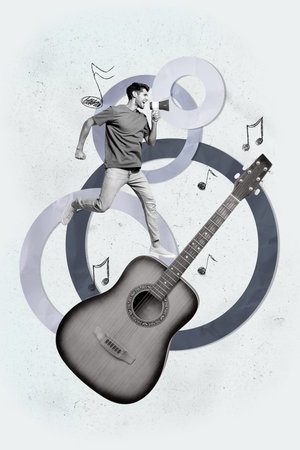 3d zine pop poster vertical collage of happy girl guy dance weekend party celebration note guitar instrument karaoke eventの写真素材