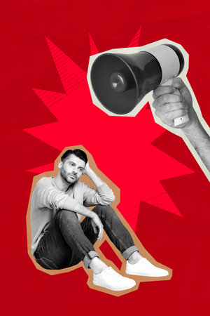 Vertical banner art pop image photo collage of puzzled man sit hand hold megaphone propaganda strike tension protestの写真素材
