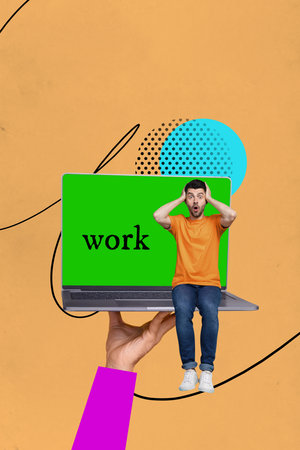 Vertical photo collage of happy businessman sit laptop device freelancer workload