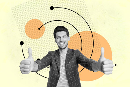 Artwork pop 3d zine full collage of happy businessman businesswoman stand arrow development career chance promotion employeeの写真素材