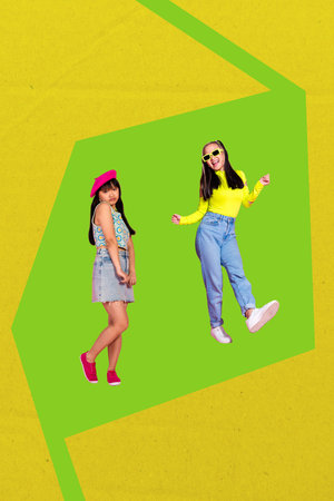 Creative trend artwork collage of summer season two young lady asian race dance happy emotion party...