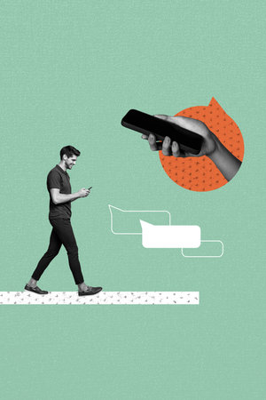 3d banner image artwork photo collage of happy man hold phone type message chatterbox networking speech notification iconの写真素材