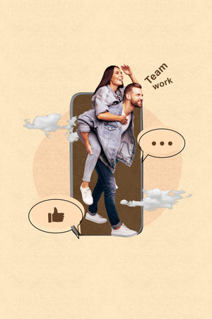 Image pop collage of person stand front screen gadget with like speech bubble on pastel backgroundの写真素材