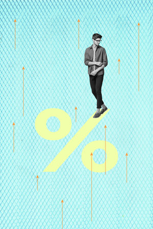 Poster 3d zine image vertical collage of happy businessman businesswoman stand arrow progress percentage economy progressの写真素材