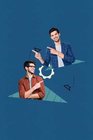 Creative banner collage of person point stand with plane flying cog wheel on blue backgroundの写真素材