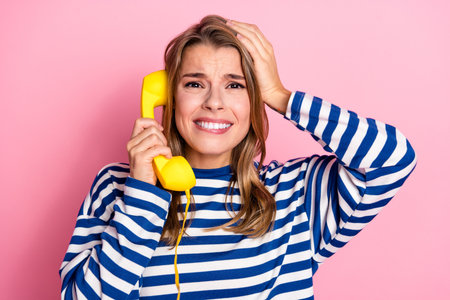 Young blonde woman holding a vintage yellow phone while expressing a confused gesture in striped sweater against pinkの写真素材