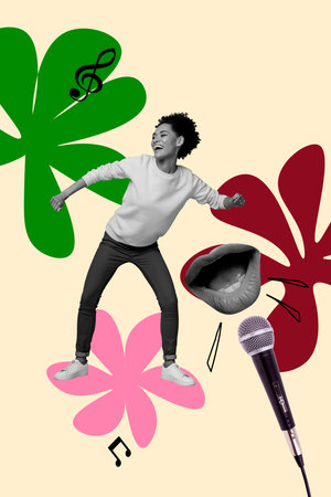 Trend artwork collage template composite sketch of mouth sing microphone karaoke young lady dance party rest entertainment event nightclubの写真素材