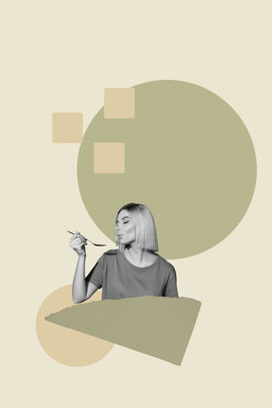 Pop image collage of person eating with spoon on geometric backgroundの写真素材
