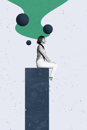 Artwork image poster 3d banner collage of happy businesswoman sit chart progress statistics aim achievement promotion careerの写真素材