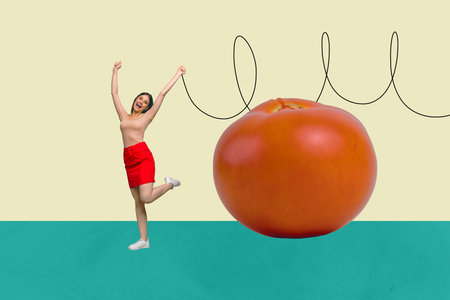 Composite zine pop trend collage of happy girl guy stand red tomato vitamin weight-loss vegetarian healthy nutrition dietの写真素材