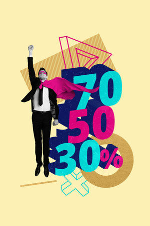 Trend artwork banner 3D photo collage of young man superhero fly percent advertisement shopping...
