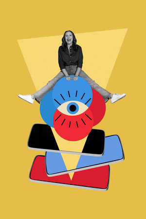 Vertical trendy image banner photo collage of happy old woman sit phone eyeball technology protection all-seeingの写真素材