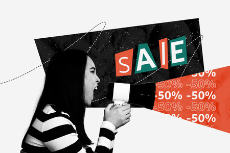 Sketch artwork banner creative collage of angry girl grimace scream megaphone announce sale percentage black friday informationの写真素材