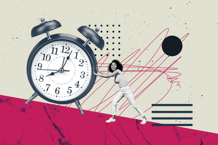 Full 3d art pop image collage of puzzled girl push alarm clock expire limit countdown deadline...