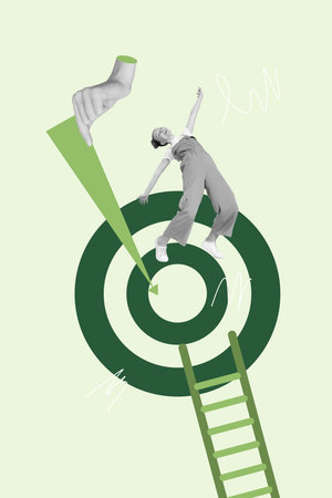 Template pop collage of person stand above aim ladder on green backgroundの写真素材