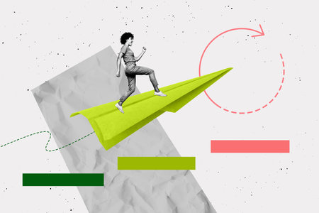 3d full poster banner pop collage of happy businesswoman run paper plane arrow development aim achievement target progressの写真素材