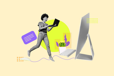 Banner sketch pop artwork collage of happy girl hold laptop bubble communication chat dialogue messenger conversation pc monitorの写真素材