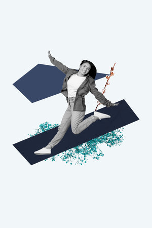 Collage of a smiling graceful girl reaching for blooming flower, symbolizing spring summer joy and connection with natureの写真素材