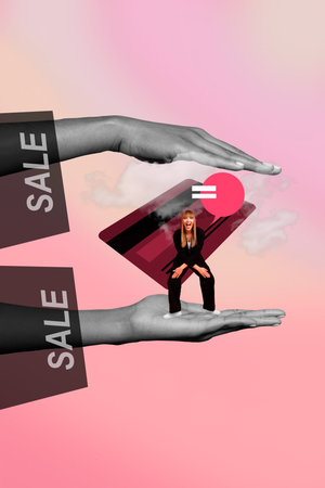Banner image zine art pop trend collage of happy girl dance human hands hold credit card e-commerce addiction saleの写真素材