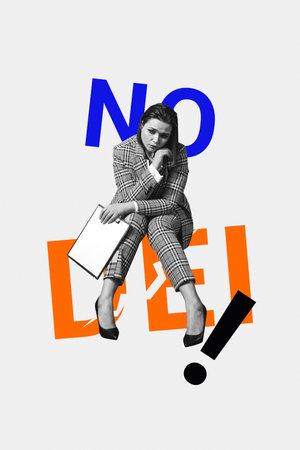 Poster sketch image artwork 3D photo collage of justice inclusion diverse equality social problems sad young lady sit hold document noの写真素材