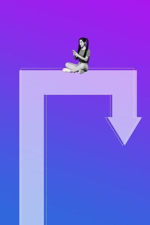 Pop art image poster 3d banner collage of happy freelancer girl surf phone arrow fall regress...