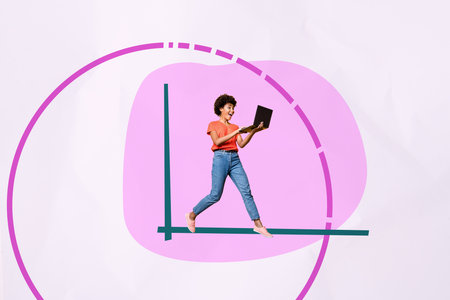 Full 3d art pop image collage of happy business girl guy run dial deadline clock limit countdown regimeの写真素材